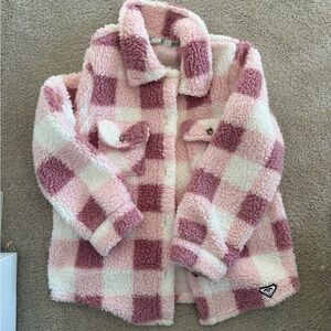 Roxy Pink and White Checkered Sherpa Jacket